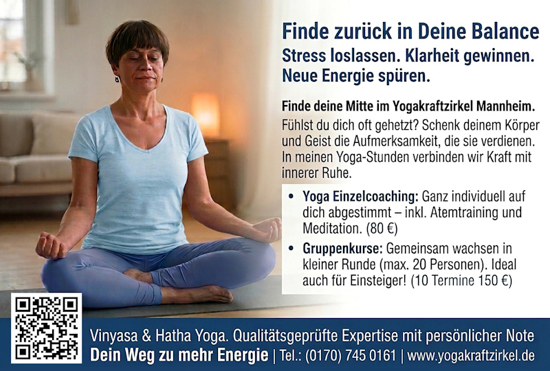 Flyer für das Yoga-Kursangebot von Monika Krueger | yogakraftzirkel.de in Mannheim